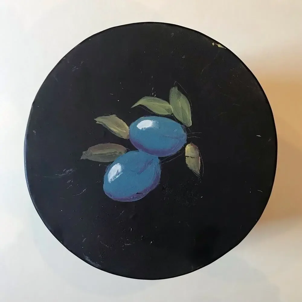 Cottagecore Hand painted Toleware Tin Bucket w/ Lid, Features a Fruit Motif